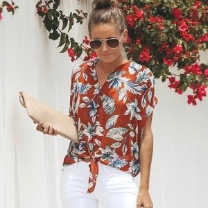 Sheer tropical button down tie blouse